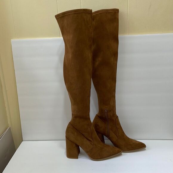 NEW WITHOUT TAGS STEVE MADDEN TAVA OVER THE KNEE BOOTS IN COGNAC MICROSUEDE - Picture 2 of 12